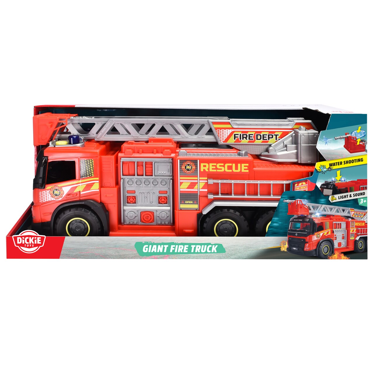 Dickie Toys: Giant Fire Truck - Red - 22" Volvo FMX Rescue Vehicle, Light & Sound, Ladder, 2 Water Shooting Bottles, Freewheel Toy, Kids Ages 3+